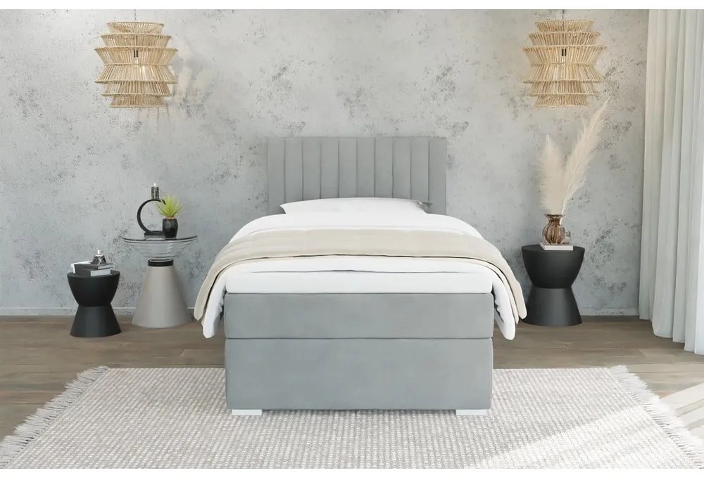 Világosszürke kárpitozott ágyneműtartós egyszemélyes ágy ágyráccsal 90x200 cm Bunny – Ropez