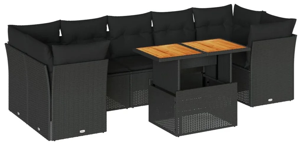 8 részes fekete polyrattan kerti ülőgarnitúra párnákkal