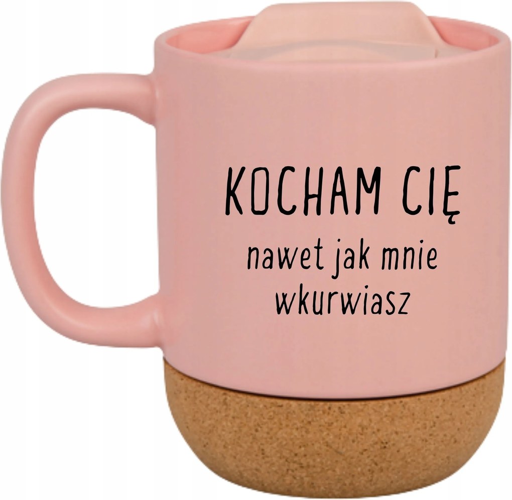 Rózsaszín Bögre Fedéllel És Parafa Aljjal Ajándék Szeretlek