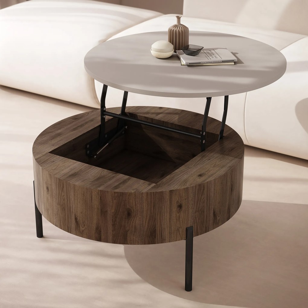 Mazzoni FRIDA Bézs Taupe / Elegáns Diófa – MODERN DOHÁNYZÓASZTAL FELHAJTHATÓ LAPPAL ÉS TÁROLÓVAL