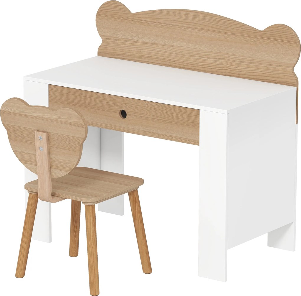 AIYAPLAY Gyerek Asztal Szett, Asztallappal & Fiókkal, Gyermek Asztal és Szék Medve Formájú Diákszék Fiúknak és Lányoknak, Természetes Fa | Aosom