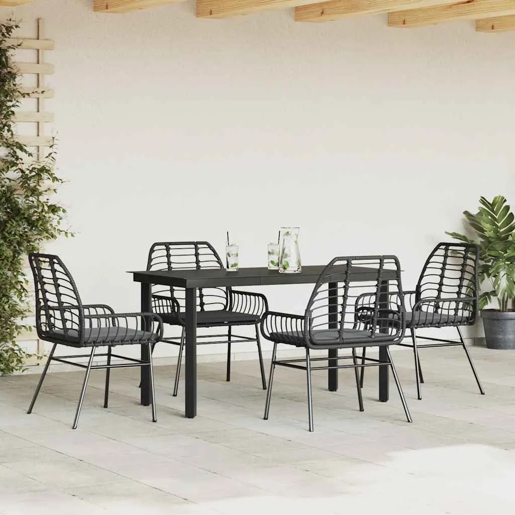 5 részes fekete polyrattan üveg kerti étkezőgarnitúra párnákkal