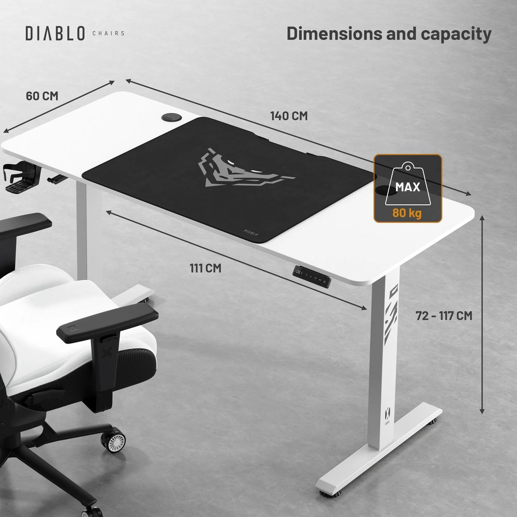 Magasságban állítható íróasztal 140 cm fehér: Diablo X-Tensio 1400