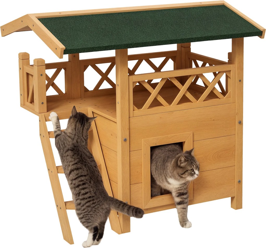 PawHut Macska Ház Aszfalt Tetővel, Két Szintes, Macska Kunyhó Erkélyes, Macska Villa Lépcsőkkel, Tömör Fa, Természetes, 77 x 50 x 73 cm | Aosom