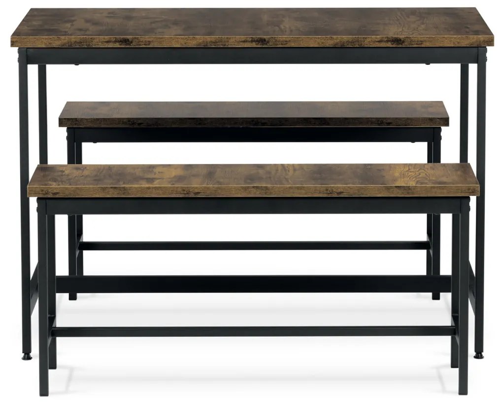 Étkezőgarnitúra 1 asztal +2 pad, asztal mérete 110x60x75, pad mérete 98x30x47, MDF, Öregtölgy színben. Nem víz és Uv álló.