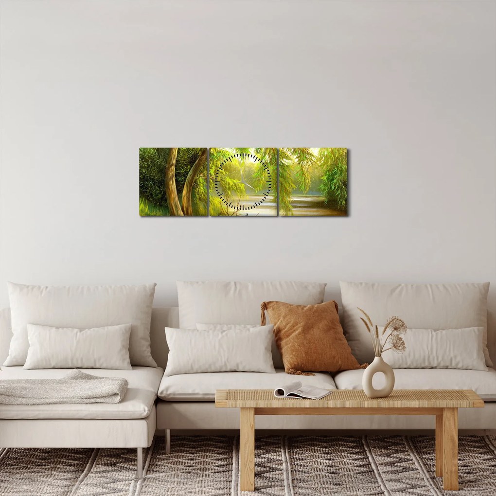 Kép - fűzfa a tó mellett, olajfestmény (órával) (90x30 cm)