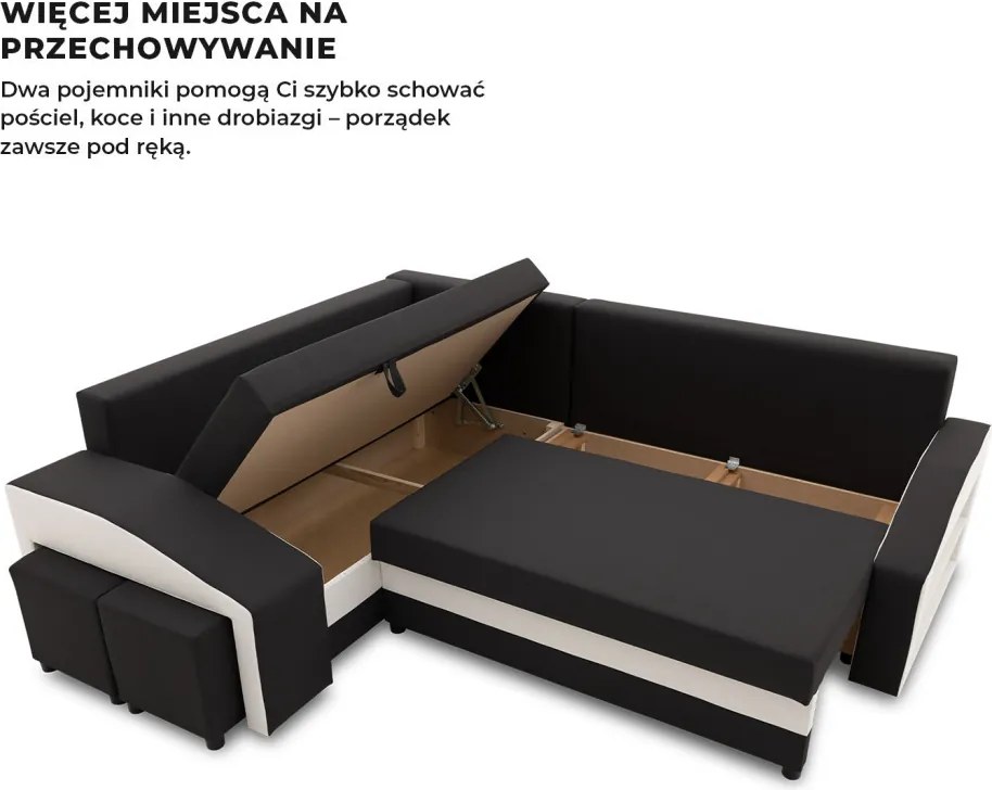 Grande sarokkanapé polcokkal és puffokkal , polc a jobb karfaban puffok a bal karfaban, baloldali, szövet anyag, bonell töltet, fekete - fehér
