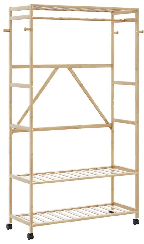 bambusz ruhaállvány polcokkal és kerekekkel 110x40x180 cm