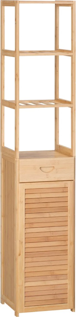 kleankin Fürdőszobai Szekrény Tárolószekrény Fiókkal, Három Polccal, Nyitott Rekesszel, Bambuszból, Magas Szekrény Fürdőszobába és Nappaliba, 32 x 30