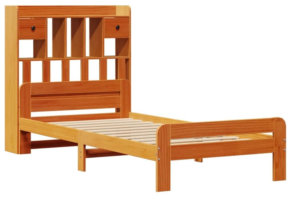 barna tömör fenyőfa könyvespolcos ágy matrac nélkül 75 x 190 cm