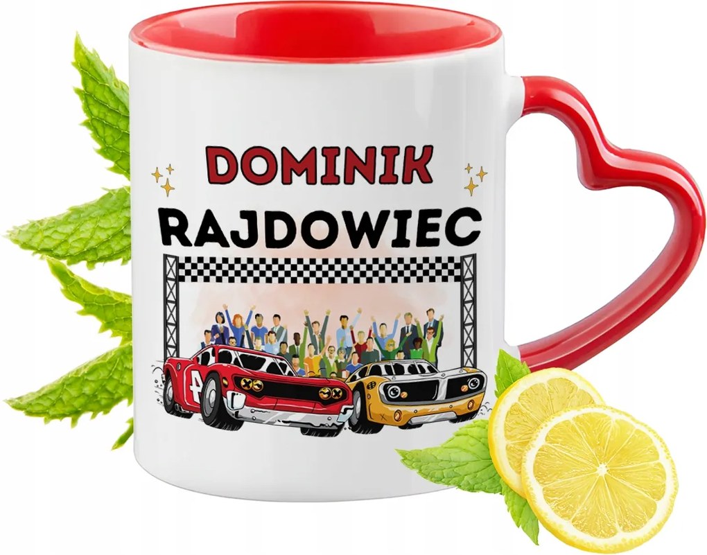 Piros bögre szív alakú füllel Dominiknak Ajándék