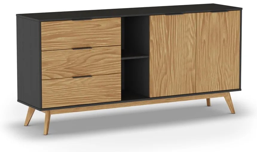 Fekete-natúr színű borovi fenyő alacsony komód 165x80 cm Lavis – Marckeric