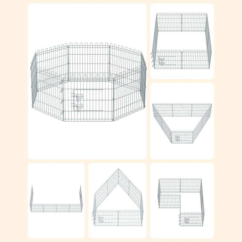 Kutya kennel, kutyaketrec, 61 cm magas, összecsukható kifutó 8 paneles, ezüst | VASHOME