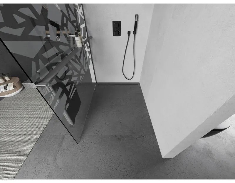 Mexen Kioto+, Walk-In zuhany paraván polccal és akasztóval 130 x 200 cm, 8 mm átlátszó üveg fehér mintás, grafit profil, 800-130-121-66-85