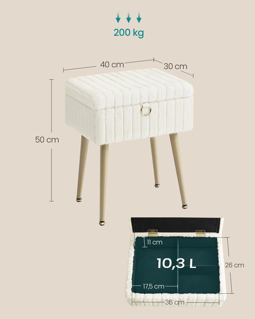 Téglalap alakú sminkasztal szék fém lábakkal, fehér színben