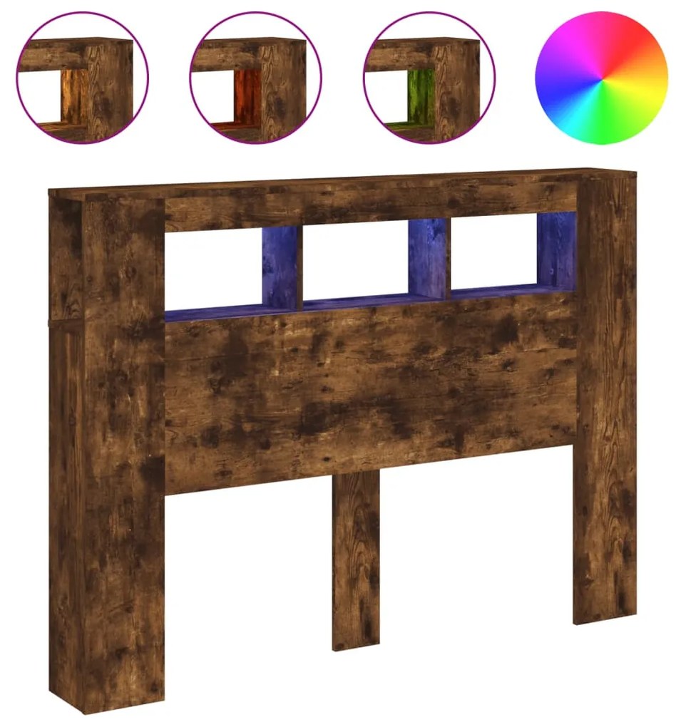 füstüs tölgy színű szerelt fa LED-es fejtámla 140x18,5x103,5 cm