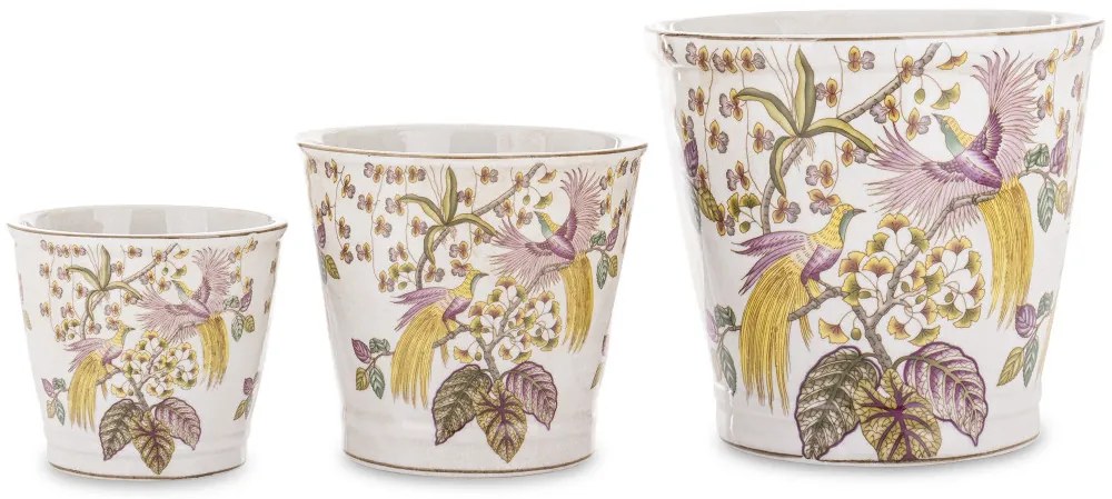 Törtfehér vintage szögletes porcelán 3db-os virágtartó kaspó szett pávákkal festve 12x13,5x13,5 / 16x17,5x17,5 / 21x23x23cm
