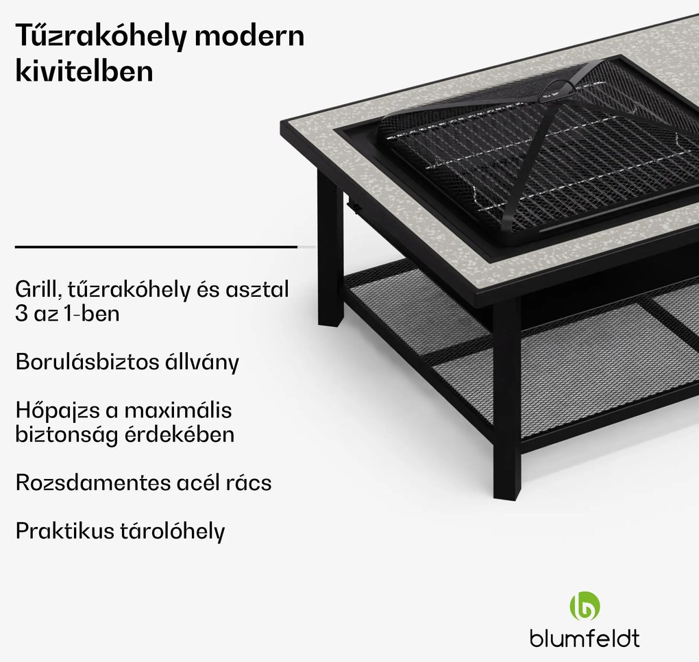 Blumfeldt Merano Avanzato L, 3 az 1-ben tűzrakóhely grill funkcióval, használható asztalként, 122 x 87 cm