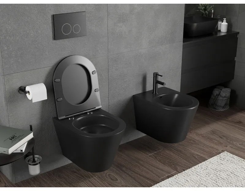 Mexen Rico, falra akasztható wc csésze 490x360x370 mm, Perem nélküli Tornado + duroplast wc ülőke, matt fekete, 30721085T