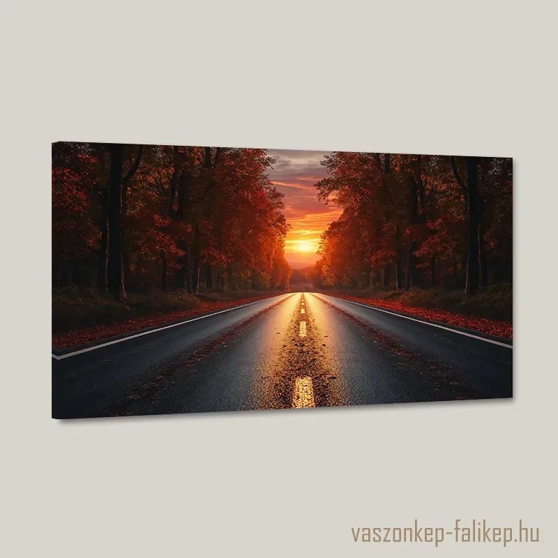 Őszi naplemente útja – Prémium vászonkép 40x23 cm