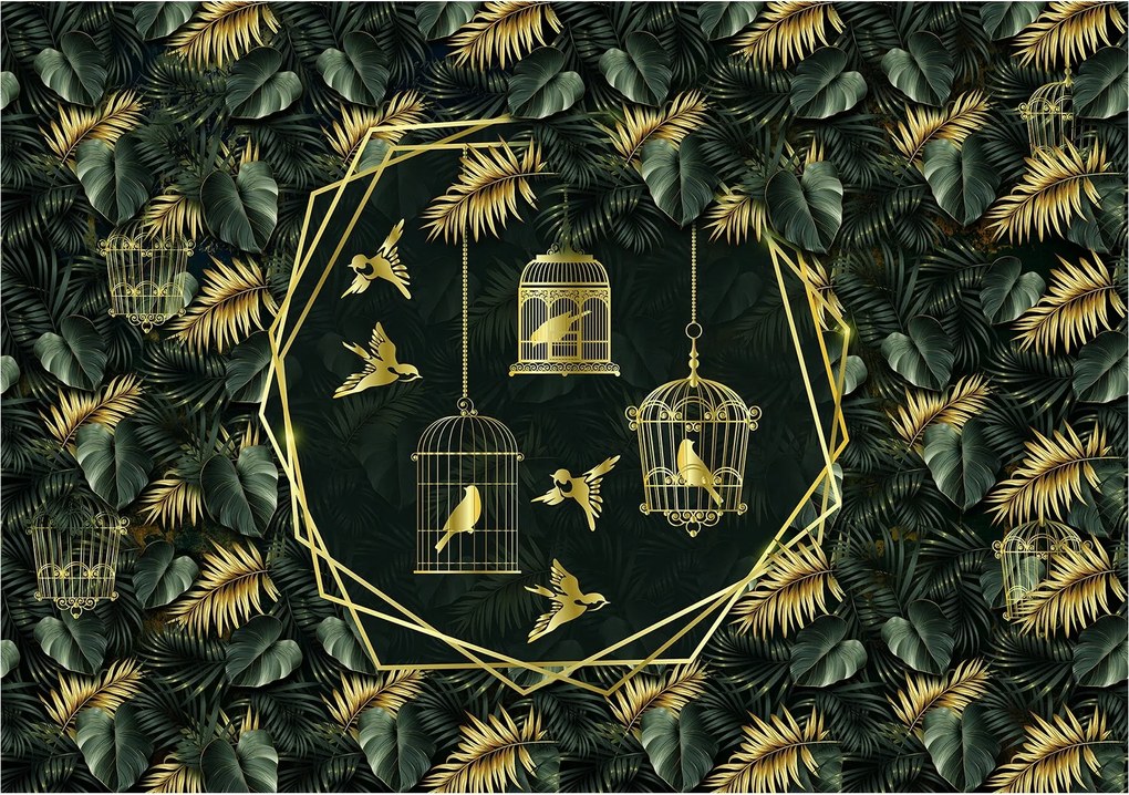 Tapéta Arany Ketrec Trópusok Art Deco Elegancia Madarak Levelek 300x210 +ragasztó