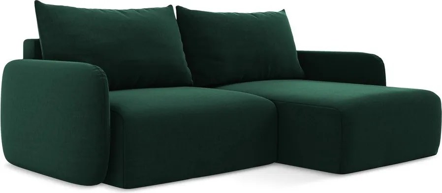 Sötétzöld bársony kinyitható-tárolóhelyes sarokkanapé (jobb oldali-heverő résszel) Kalena – Makamii