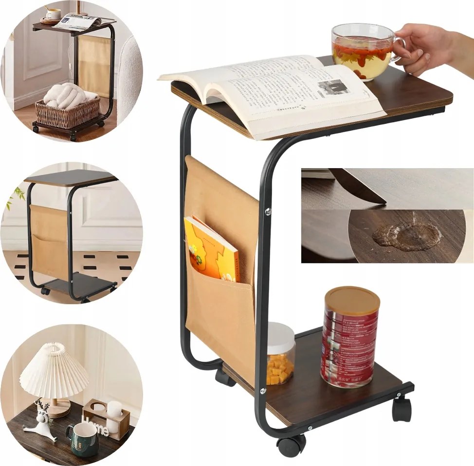 Oldalasztal Kerekekkel És Zsebbel 63CM, C-alakú, Mobil Kanapé/ágy Alá
