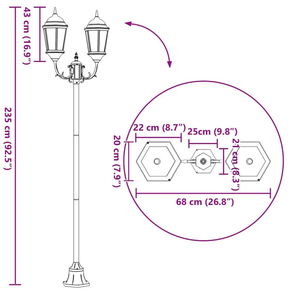 Kert Világítóoszlop 2-Lámpás E27 Bronz 220 cm Alumínium