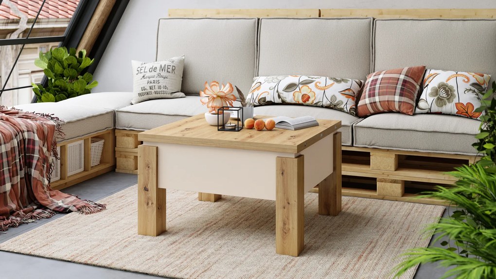 Mazzoni OSLO Artisan Tölgy/Bézs (Pezsgő) - NYITHATÓ/MAGASÍTHATÓ DOHÁNYZÓASZTAL ÉTKEZŐASZTAL ÉS DOHÁNYZÓASZTAL EGYBEN