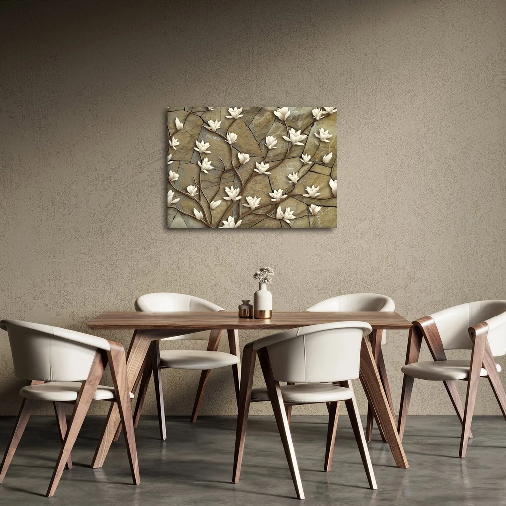 Kép - Fehér magnóliák kőfalazaton (70x50 cm)