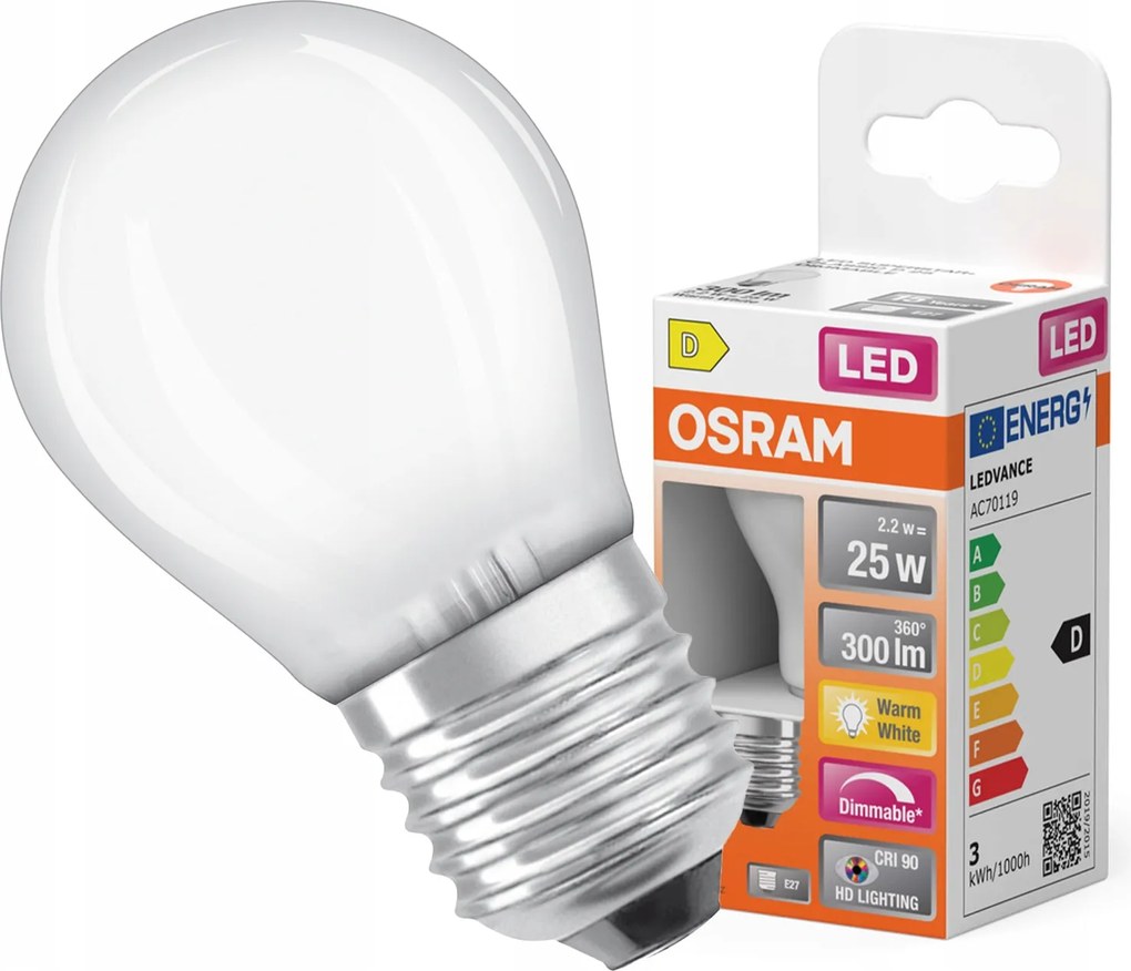 Led izzó P45 Golyó E27 2.2W 25W 2700K Meleg CRI90 Filament Tompítható