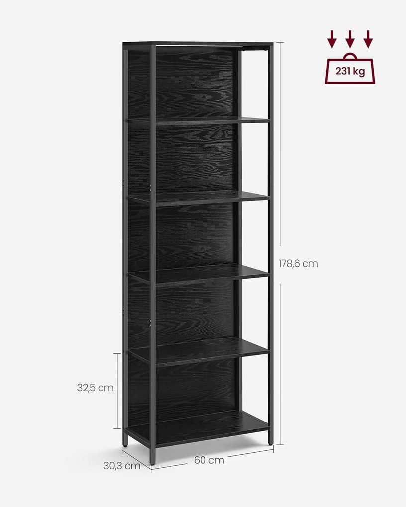 6 szintes könyvespolc, álló polcrendszer állítható LED világítással, 30,3 x 60 x 178,6 cm