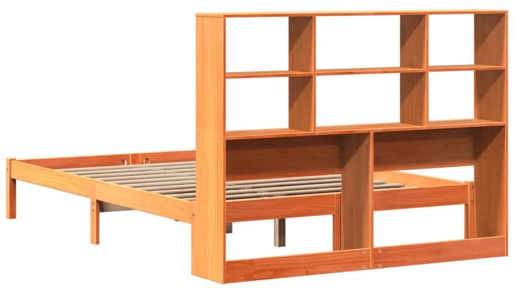 barna tömör fenyőfa könyvespolcos ágy matrac nélkül 120 x 200cm