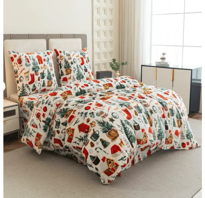 Mikroplüss ágyneműhuzat készlet FESTIVE MAGIC fehér + mikroplüss lepedő SOFT 180x200 cm fehér, franciaágy részére