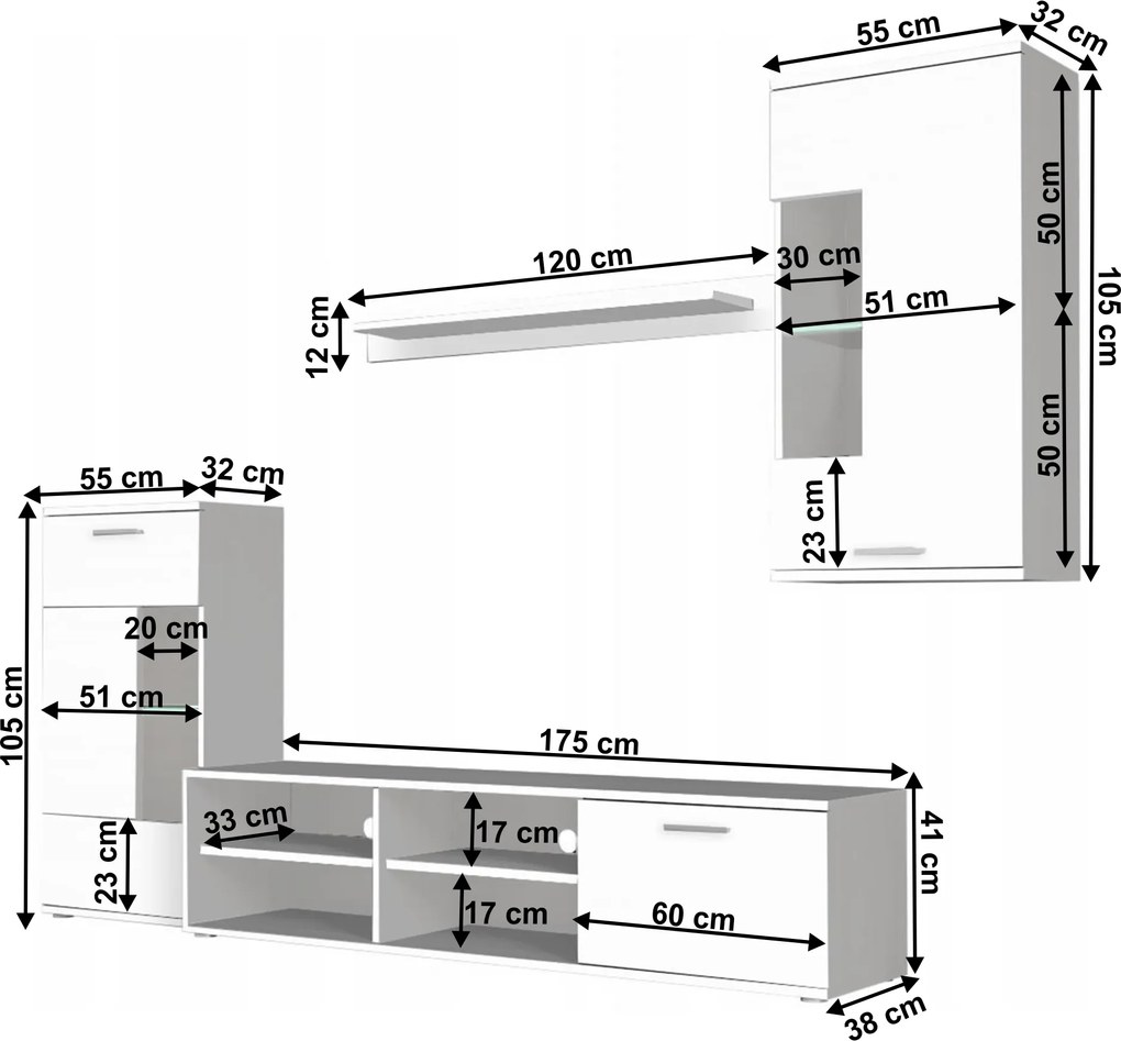 Nappali szekrénysor, fehér, fóliázott DTD, FRONTAL 1 NEW