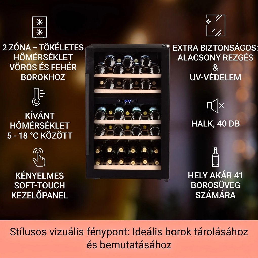 Klarstein Barossa 40D, borhűtő,135 liter, 2 zóna, 41 palack, üvegajtó, érintőképernyős