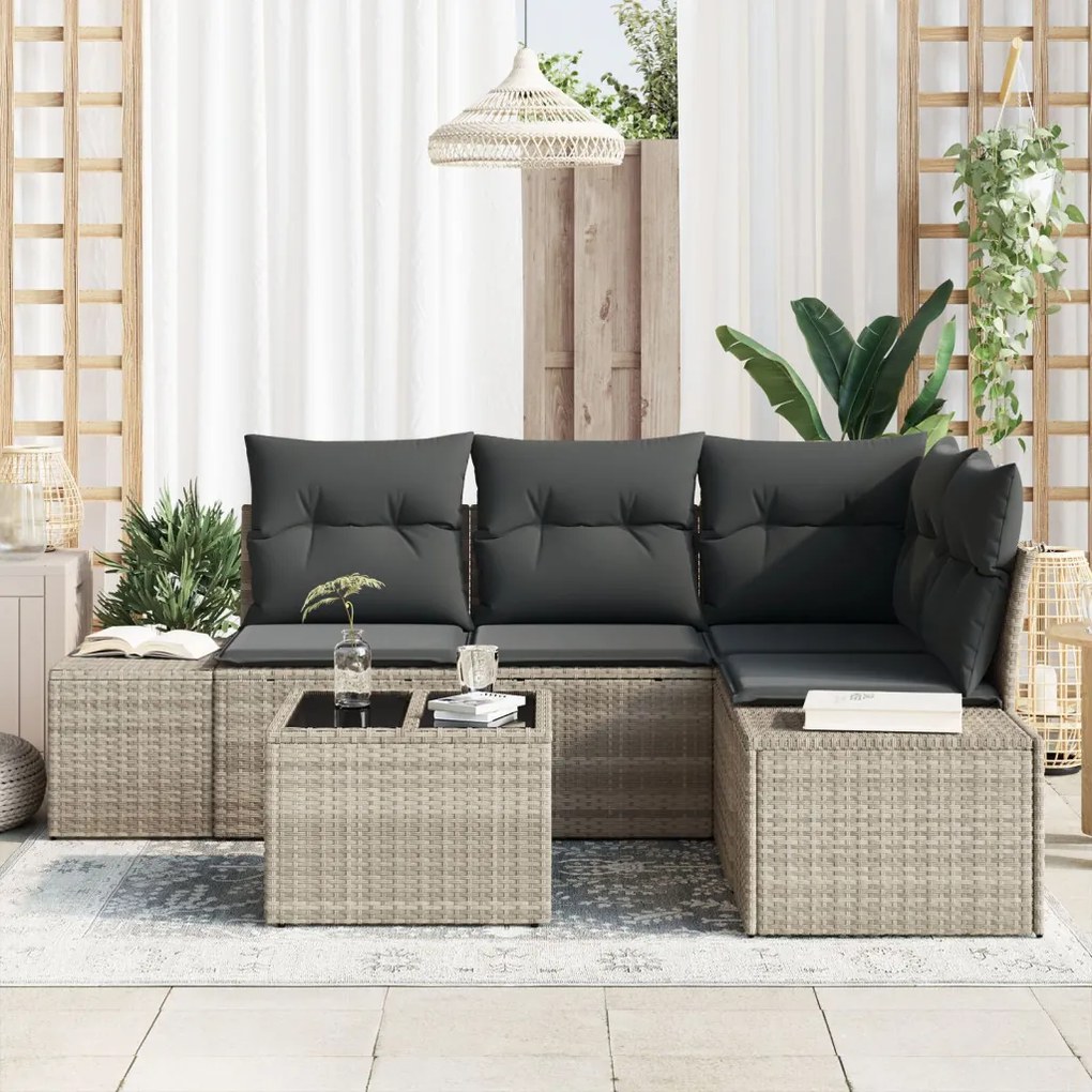 5 darabos kerti sofa szett párnákkal, szürke polirattan
