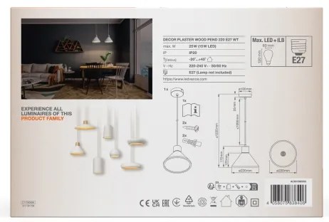 Ledvance - Csillár zsinóron DECOR PLASTER 1xE27/25W/230V átm. 22 cm vakolat fehér