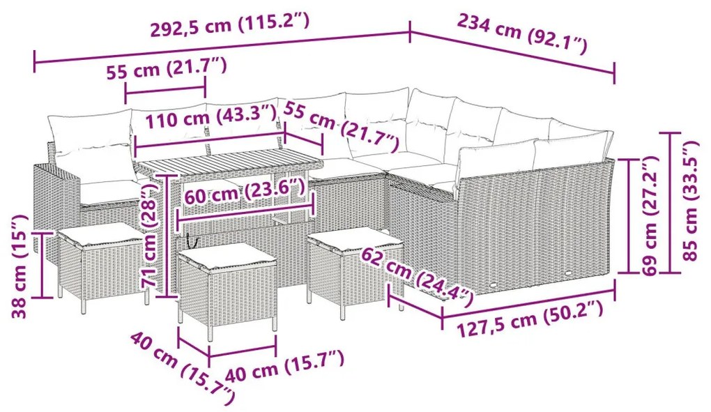 13 Részes Kert Kanapé Szett Párnákkal Szürke Poly Rattan Akác, 4 Részes Kert Étkező Szett Párnákkal Szürke Poly Rattan Akác