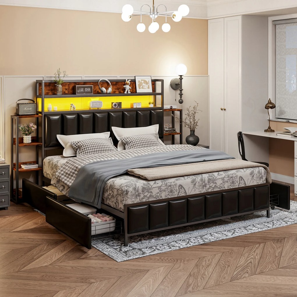 Kárpitozott ágy 160*200 cm Led tárolórekesszel Dupla ágy fekete