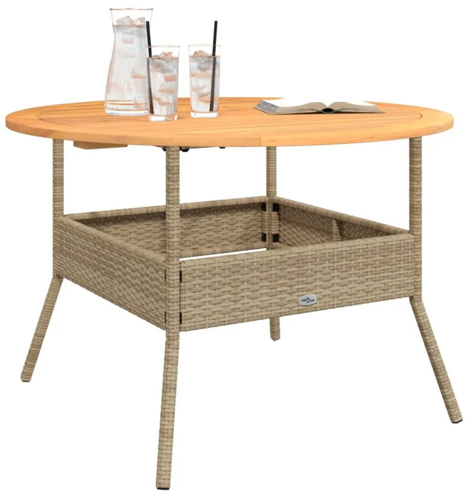 bézs polyrattan kerti asztal akácfa lappal Ø110 x 71 cm