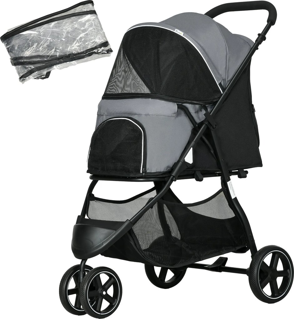 PawHut Kutya Babakocsi Állat Kocsival, Esővédővel, 2 Biztonsági Póráz, Macska Babakocsi Raktározó Kosárral, Összecsukható Kutya Esernyő Kicsi és Minia