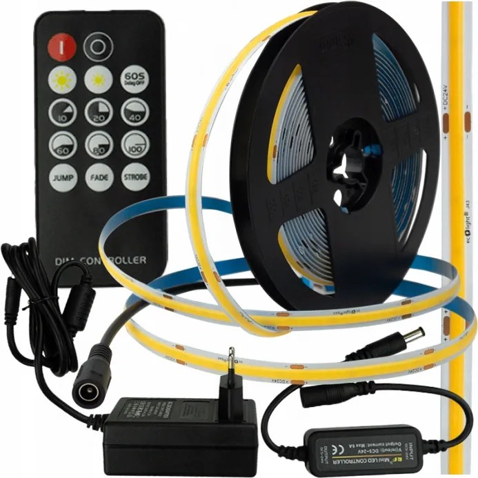 Cob Led Szalag 5m 24V Szett Távirányítóval És Tápegységgel Hideg Szín 6500K 35W