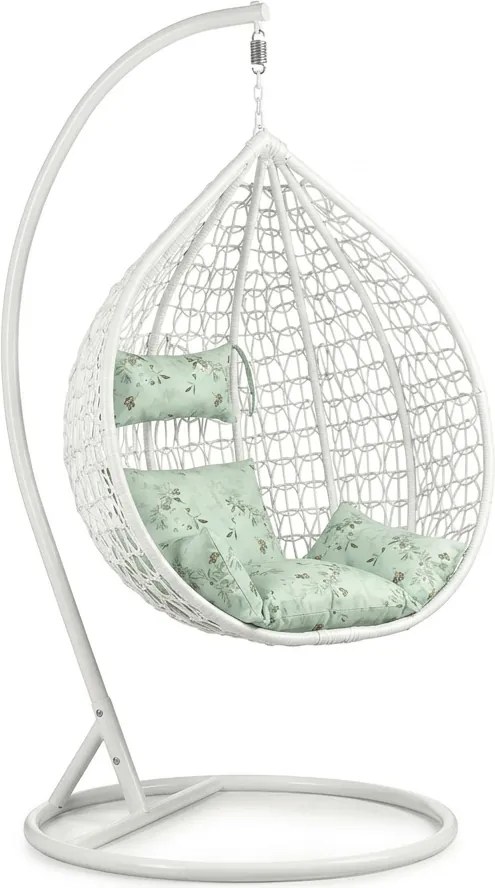 Fehér függő szék KOKON állvánnyal, világoszöld mintás párnával