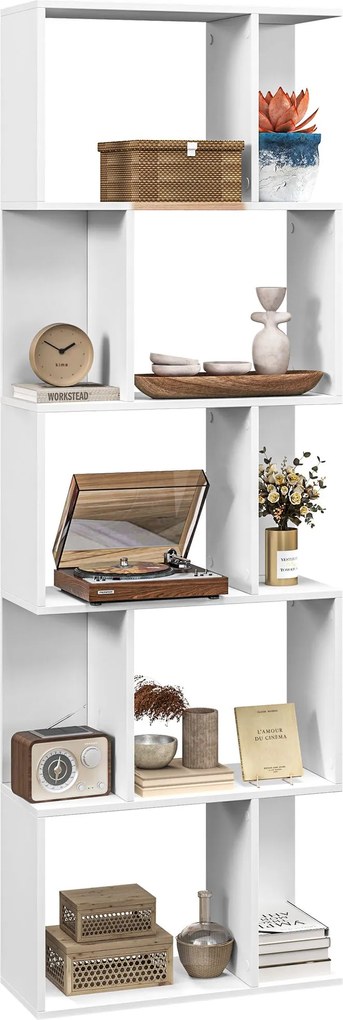 HOMCOM 5-szintes Osztott Könyvespolc, Helytakarékos S-Alakú Fa Polc Elválasztó Nappaliba, Hálószobába és Irodába, 60x24x184,5 cm, Fehér | Aosom