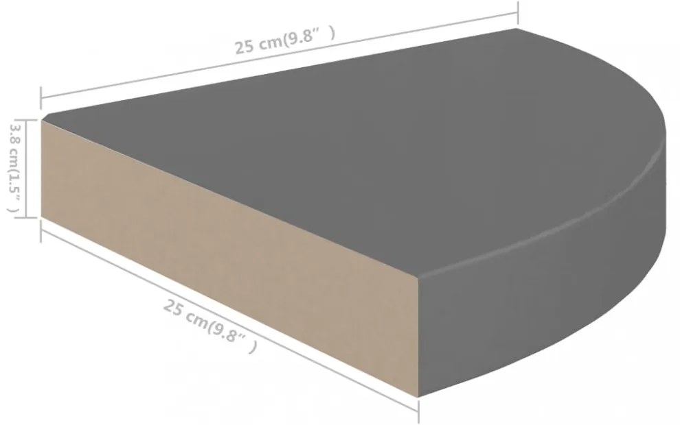 4 db magasfényű szürke MDF lebegő sarokpolc 25 x 25 x 3,8 cm