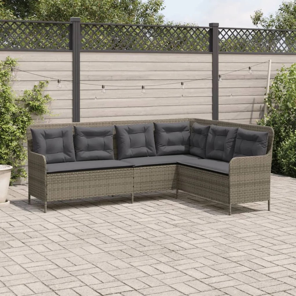 Szürke polyrattan L-alakú kerti kanapé párnákkal