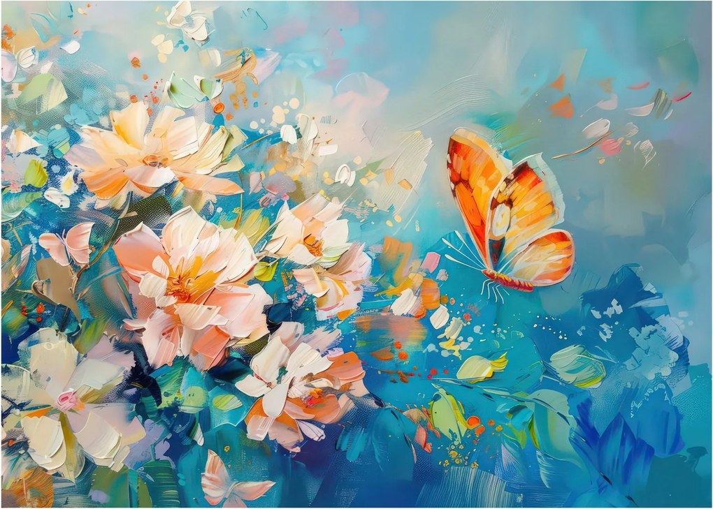 Üveg kép - Pillangó és virágok, olajfestmény II. (70x50 cm)