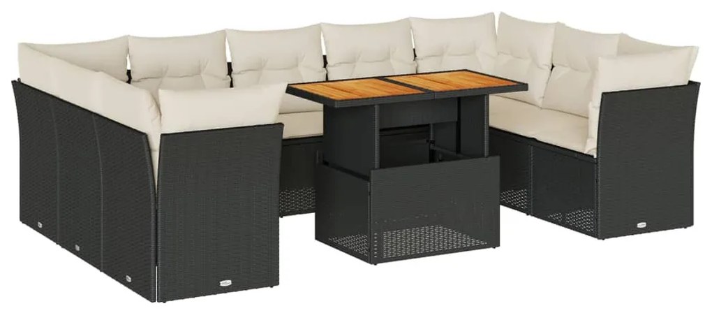 10 részes fekete polyrattan kerti ülőgarnitúra párnákkal