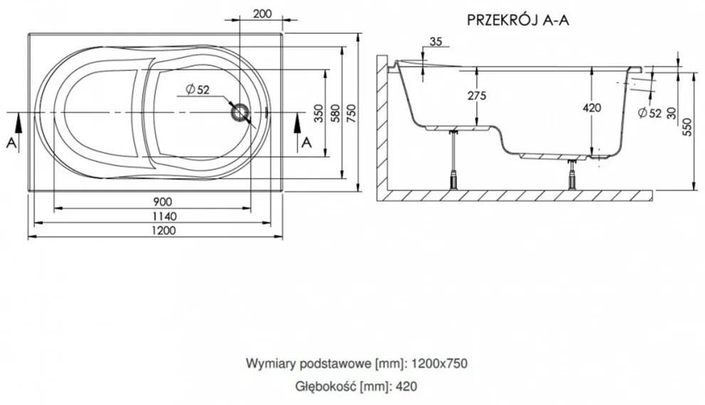 Wivea 75x120 egyenes kád